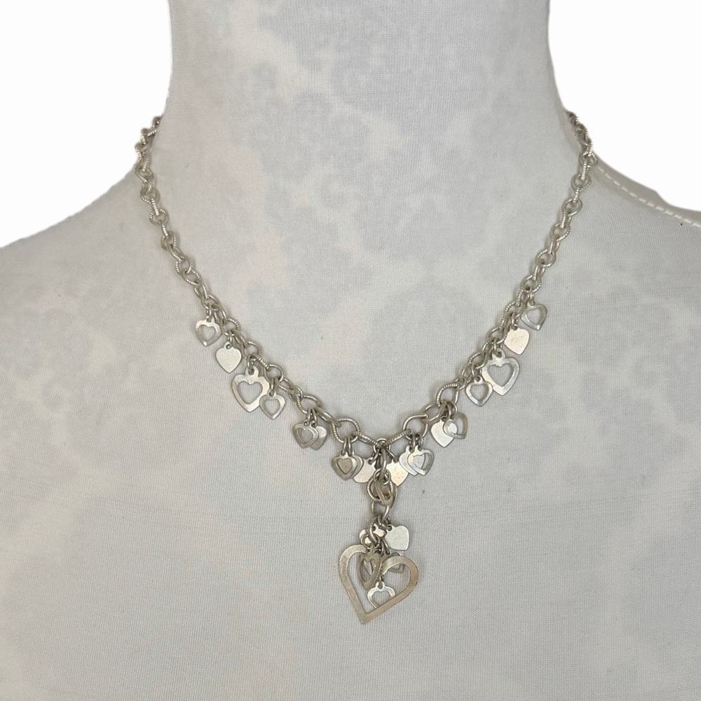 Silver Tone Heart Charm Necklace | Layered Hearts | Y Drop Lariat Style